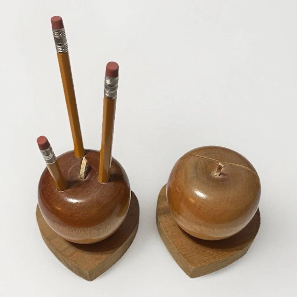Vintage Wooden Apple Pencil Letter Holder Set Heart Base Teacher Gift Office